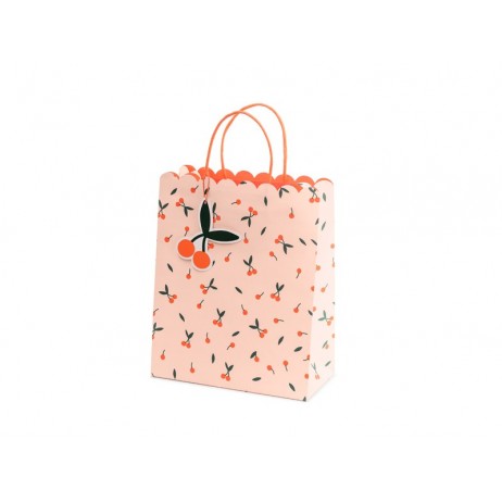 1 stk Lyserøde gavepose med tryk og vedhæng i form af kirsebær 26x32x13cm