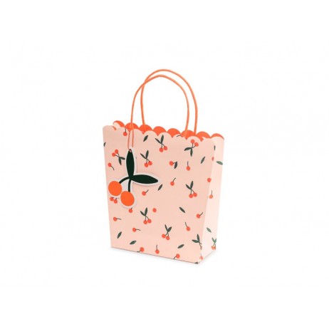 1 stk Lyserøde gavepose med tryk og vedhæng i form af kirsebær 22x23x8cm