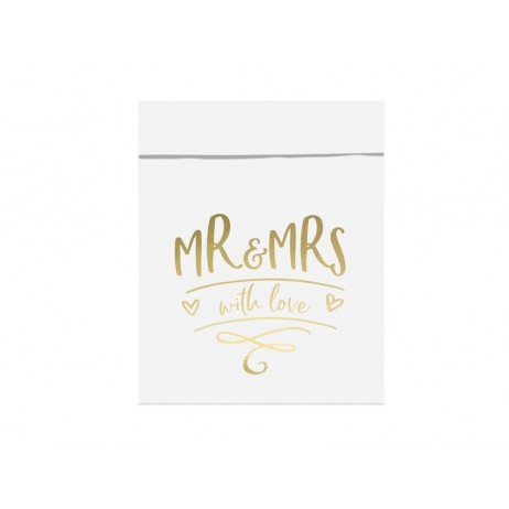 6 stk. Hvide poser med guldmetallic Mr & Mrs 13x14 cm