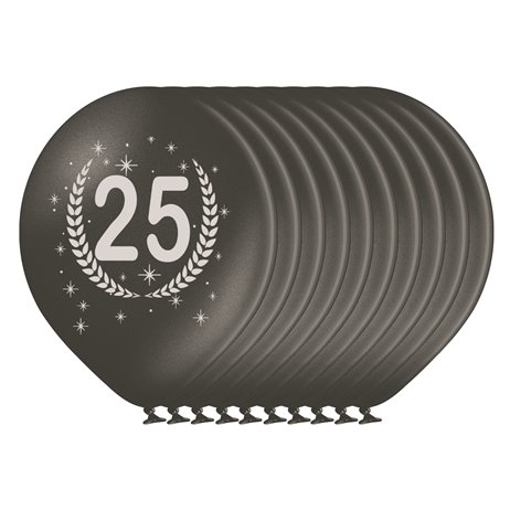 10 stk. 25 års sort - sølv balloner