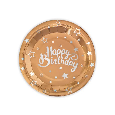 6 stk Paptallerken Happy Birthday rose guld 18cm