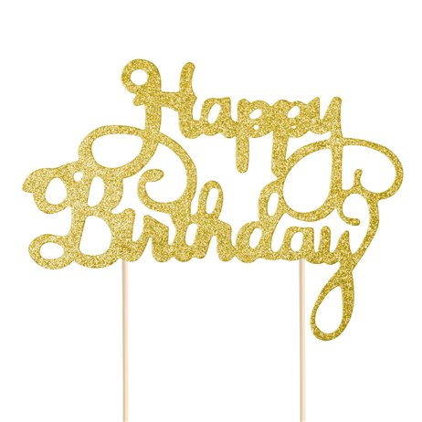 Kage topper "Happy Birthday" glitter guld