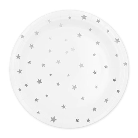 6 stk Paptallerken Hvid med sølv stjerne 18cm 6 stk Paptallerken Hvid med sølv stjerne 18cm