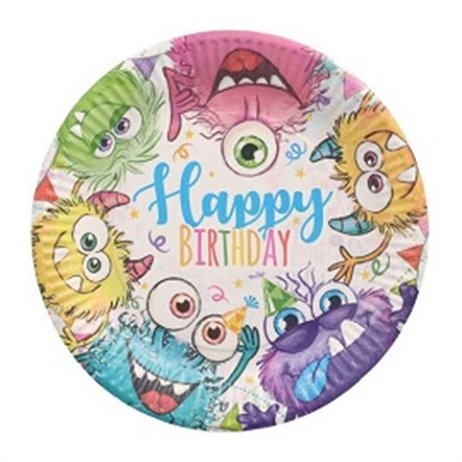 10 stk Paptallerken Funny Monsters - 23cm