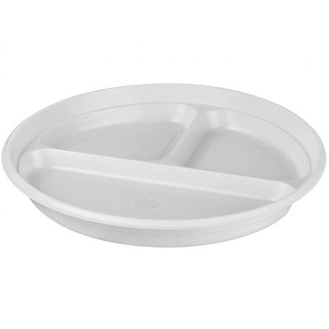 100 stk Genanvendelige 3 rum plastik tallerken hvide 22cm