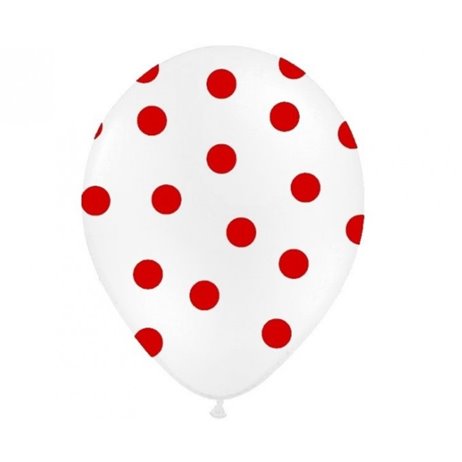 6 stk Hvide balloner med røde prikker