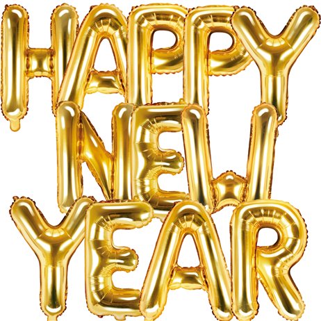 Happy new year - tekst 14" pakket i sæt - guld Happy new year - tekst 14" pakket i sæt - guld