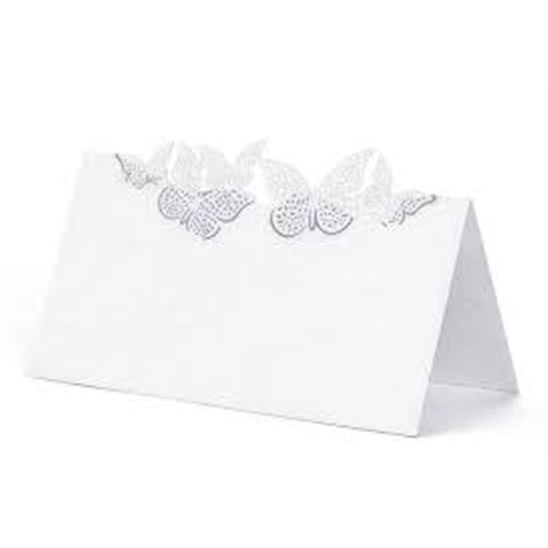 10 stk. Hvide bordkort med filigran sommerfugl.