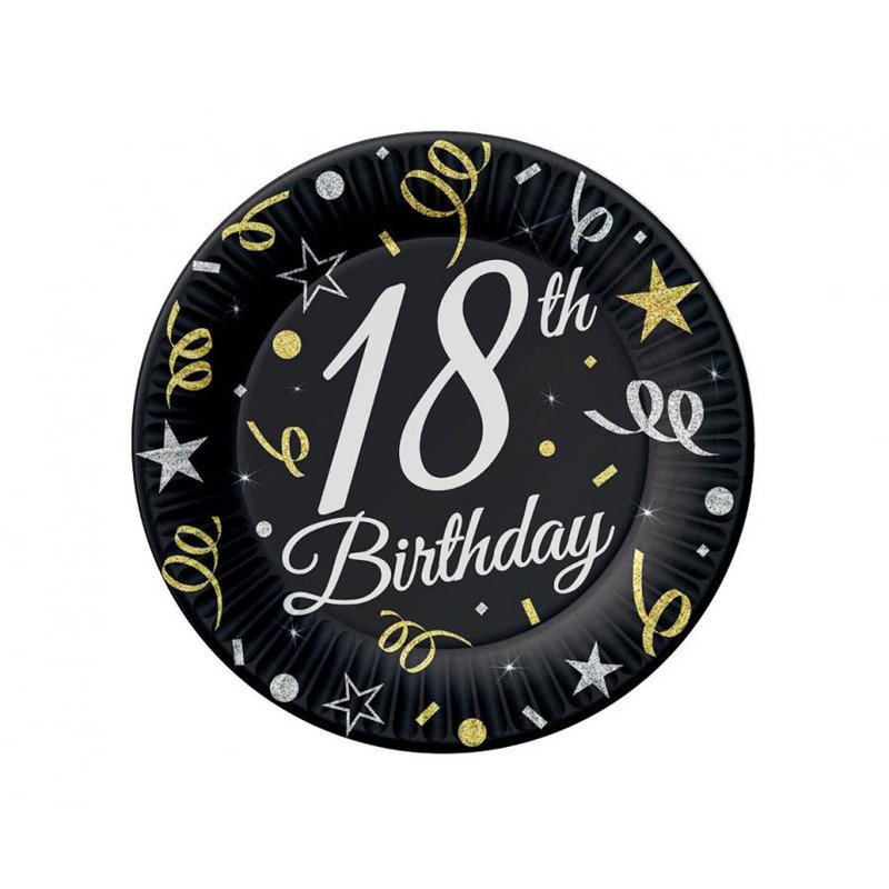 6 stk Paptallerken 18 års Birthday - 18cm - Sort 6 stk Paptallerken 18 års Birthday - 18cm - Sort