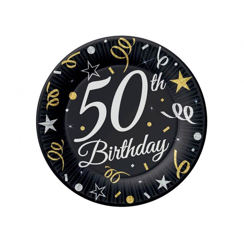6 stk Paptallerken 50 års Birthday - 18cm - Sort