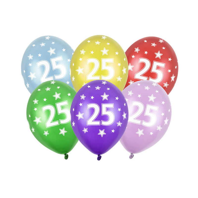 6 stk. 25 års fødselsdag balloner - Mix farver