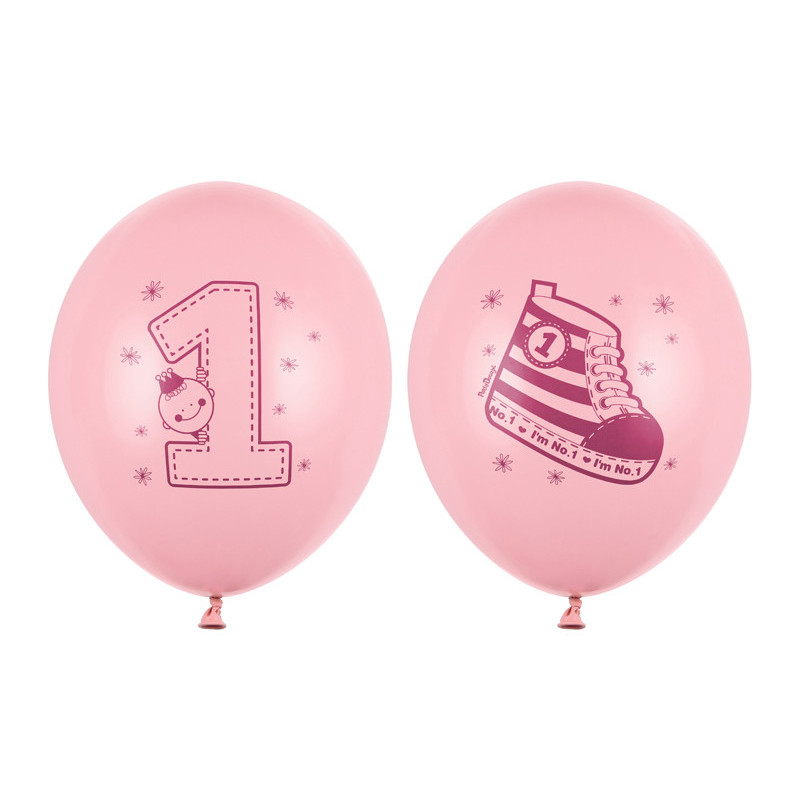 6 stk. 1 års lyserød fødselsdags balloner