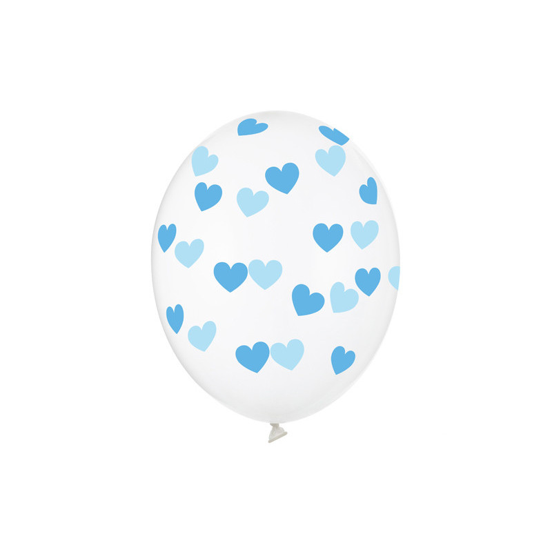 6 stk Krystal klar balloner med lyseblå hjerter