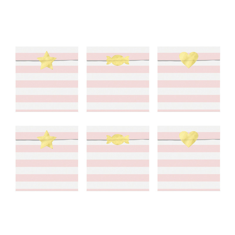 6 stk. Hvide og lyserøde poser med guldmetallic stjerner 13x14 cm