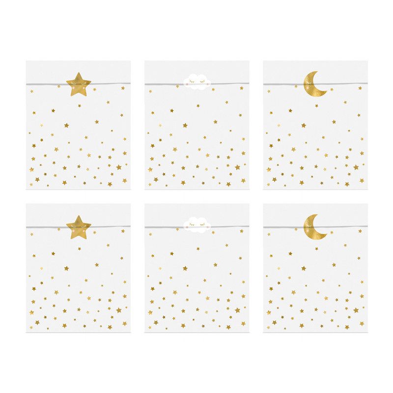 6 stk. Hvide poser med guldmetallic stjerner 13x14 cm