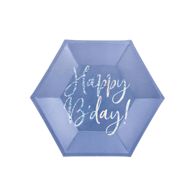 6 stk Sekskantede engangstallerken Happy B'day! mørkeblå - 20cm