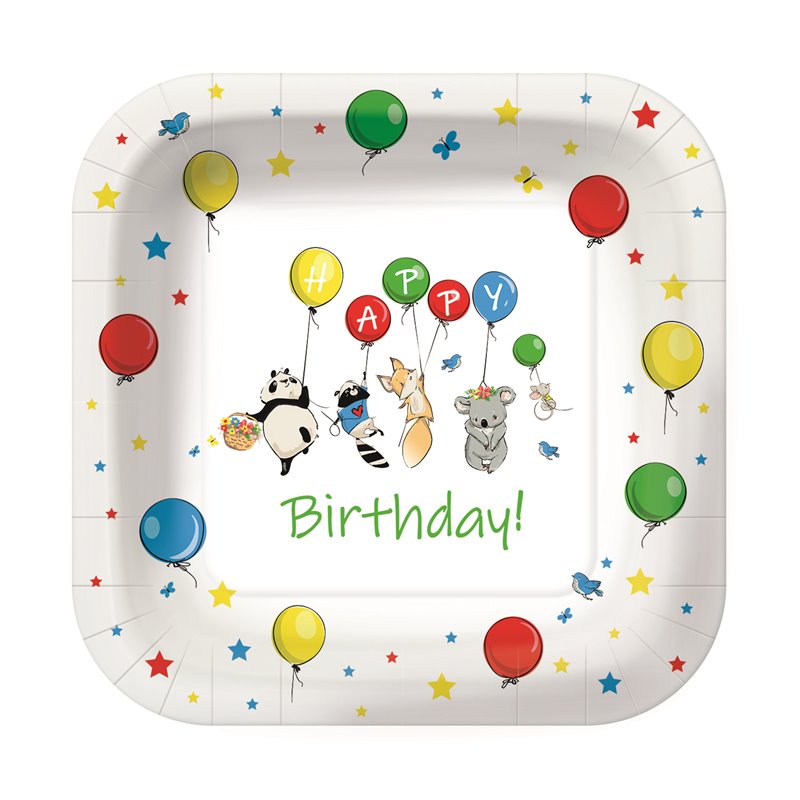 10 stk Kvadratiske paptallerkner Happy Birthday - 23 cm Plastik fri 