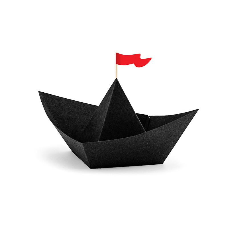 6 stk. Sorte Piratfest Papirbåde med Røde Flag, 19x10x14cm