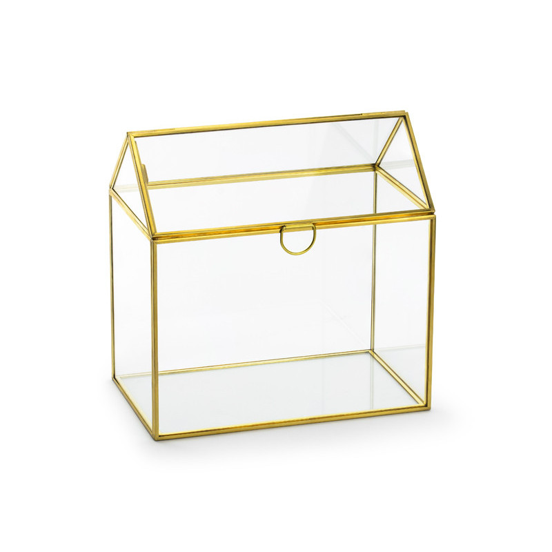 1 stk. Guld Kortholder i Glas, Husformet Design, 13x21x21cm