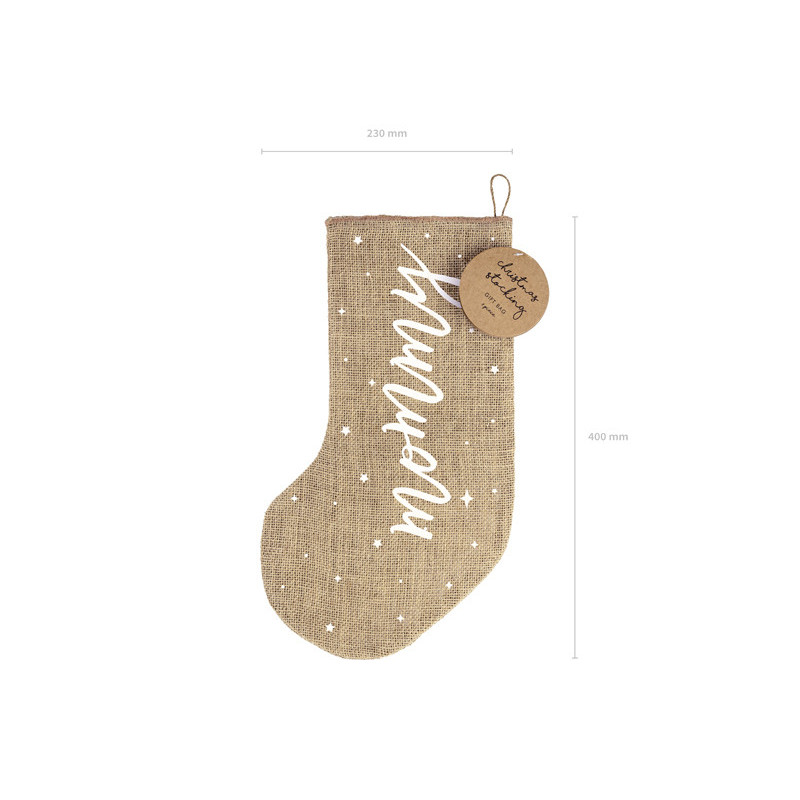 1 stk. Dekorativ Jute Strømpe til Mor med Hvidt Print "mommy" 1 stk. Dekorativ Jute Strømpe til Mor med Hvidt Print "mommy"