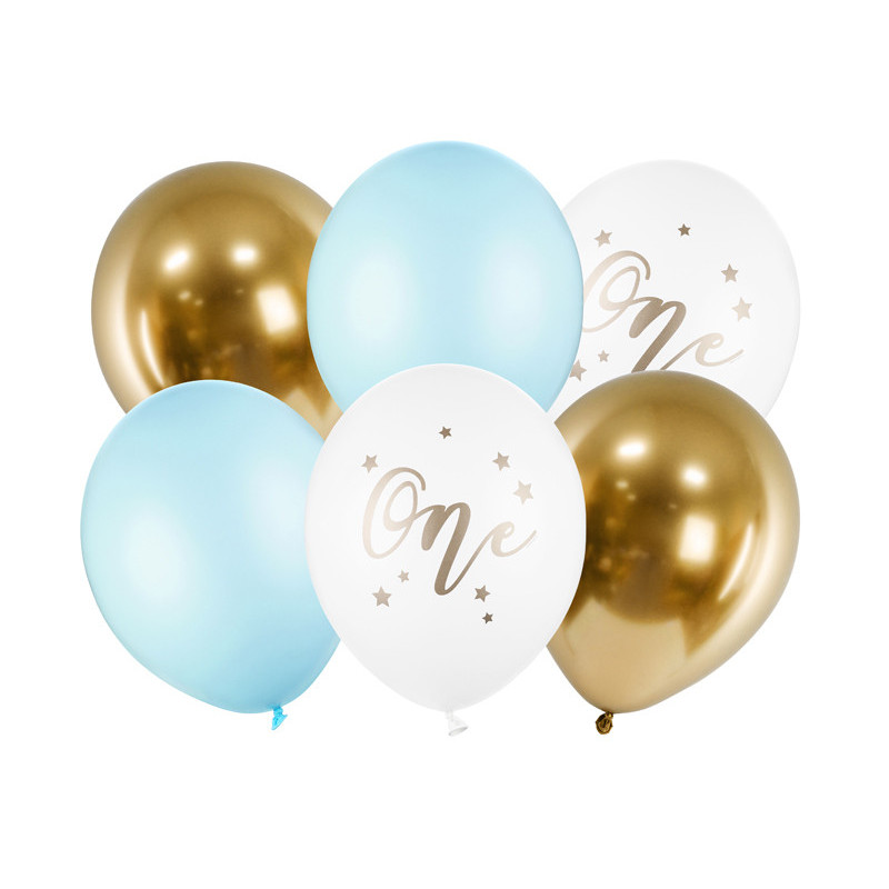 6 stk. Pastelfarvede Balloner i Stærke Nuancer, 30cm (Hvid, Lys Blå, Guld)