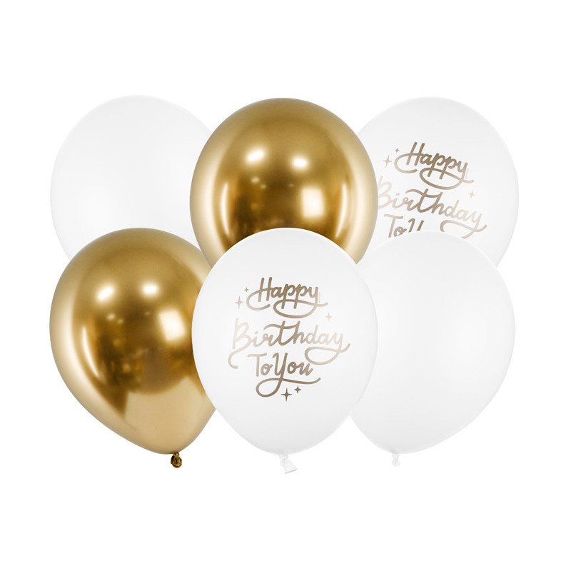 6 stk. Fødselsdagsballoner i Hvid & Guld Mix, 30cm