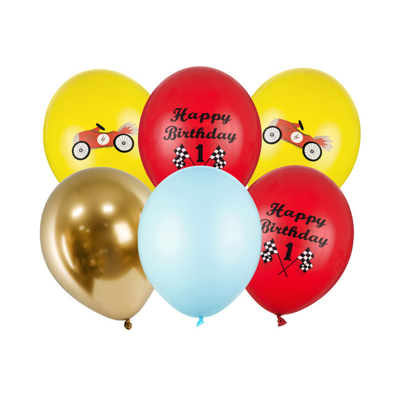 6 stk. Festlige Fødselsdagsballoner, 30cm, i Honninggul, Valmue Rød, Baby Blå og Guld