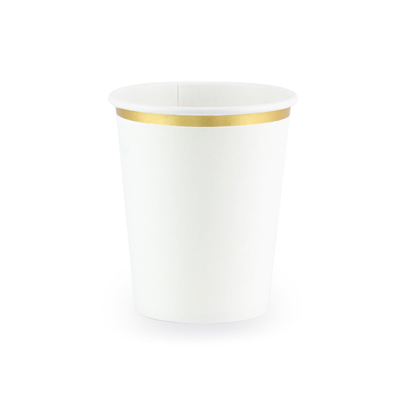 6 stk. Elegante Hvide Papkrus med Guld-Kant, 260 ml