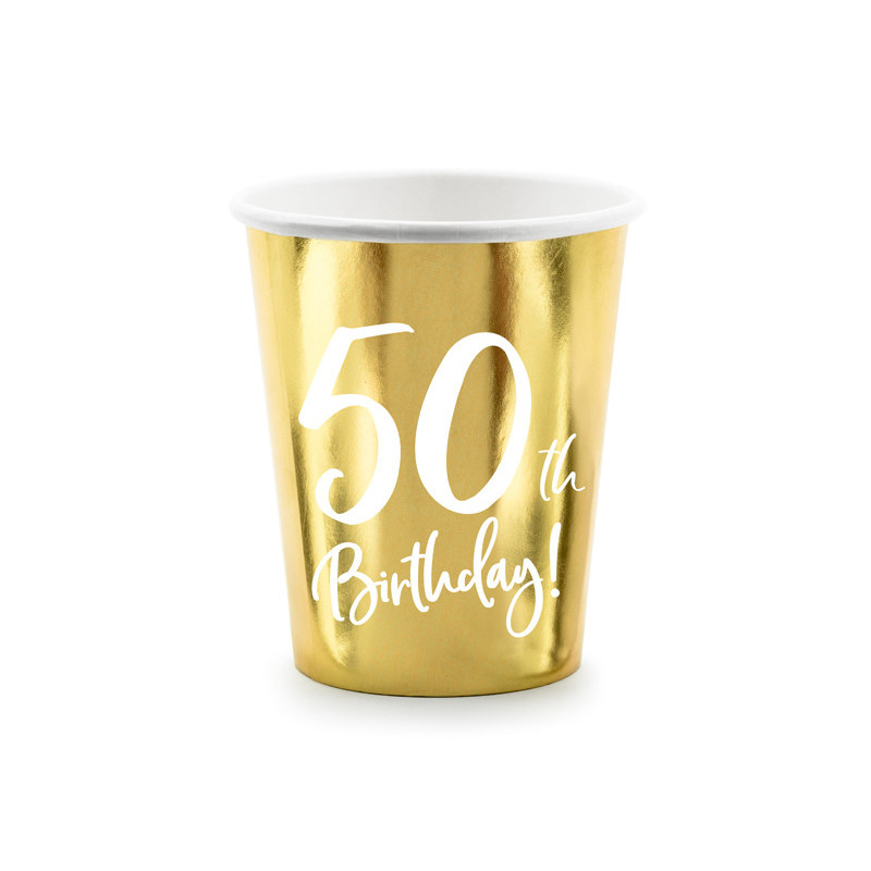 6 stk. Guld 50-års Fødselsdags Papkrus, 220ml - Perfekt til festen