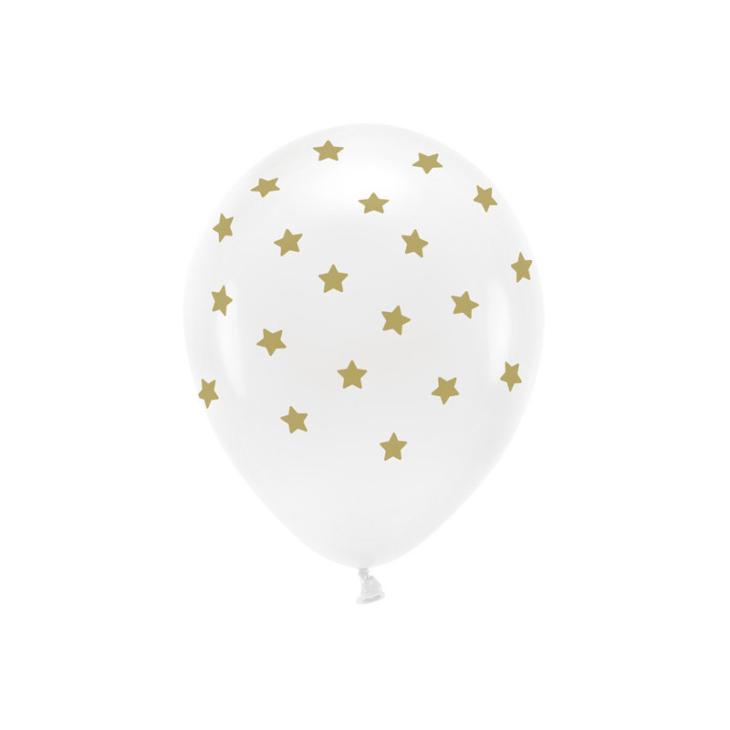 6 stk. Økologiske Pastel Hvide Balloner med Guld Stjerner, 33 cm