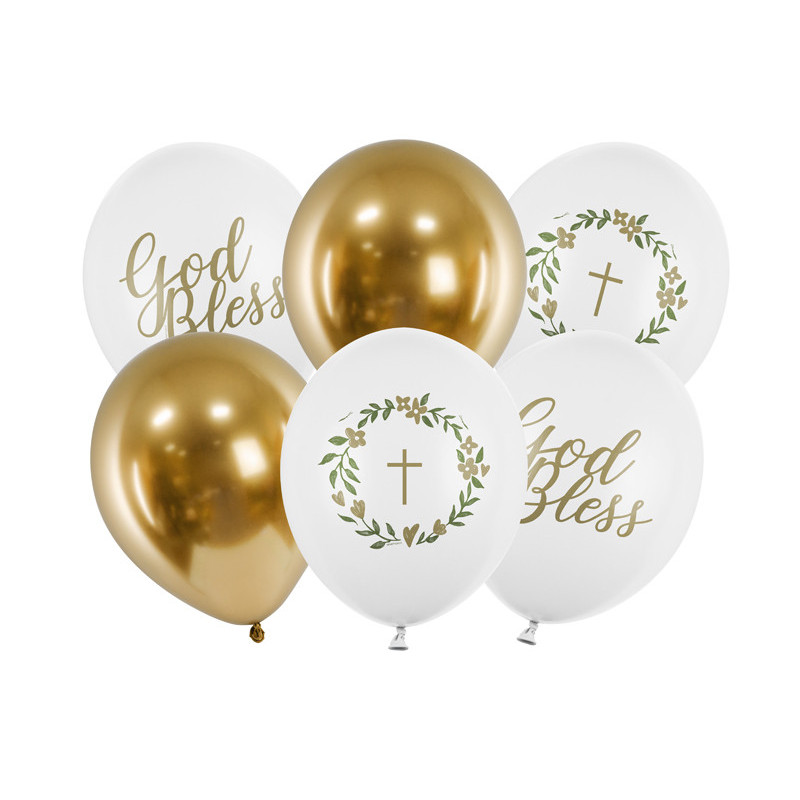 6 stk. Hvide & Gyldne "Gud Velsigne Dig" Balloner, 30 cm
