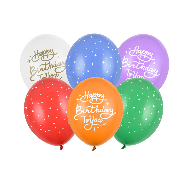 6 stk. Farverige Fødselsdagsballoner med Print, 30 cm i Diameter