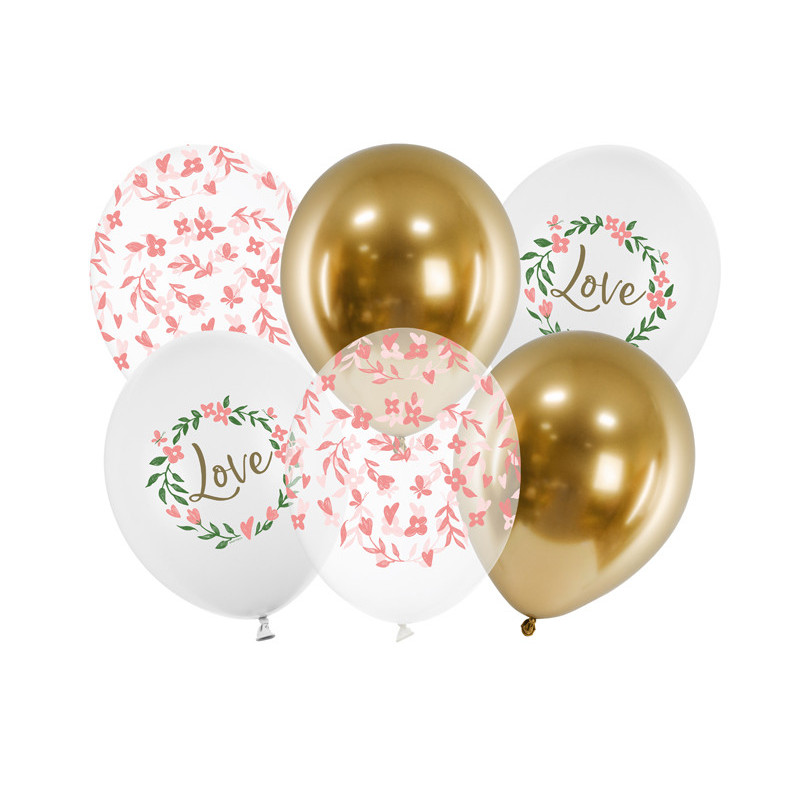 6 stk. Romantiske Kærlighedsballoner i Hvid, Klar & Guld, 30 cm