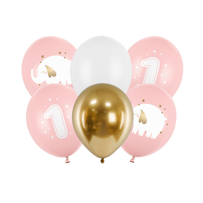 6 stk. Jubilæumsballoner i Babylyserød & Guld, 30 cm