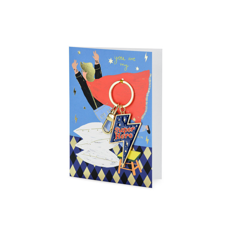 1 stk. Superhelt Kort med Guldtryk Lyn-nøglering, 12x16 cm