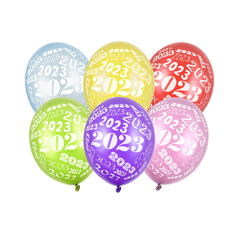 6 stk. Farverige Metallic Balloner med Hvidt 2023 Print, 30cm