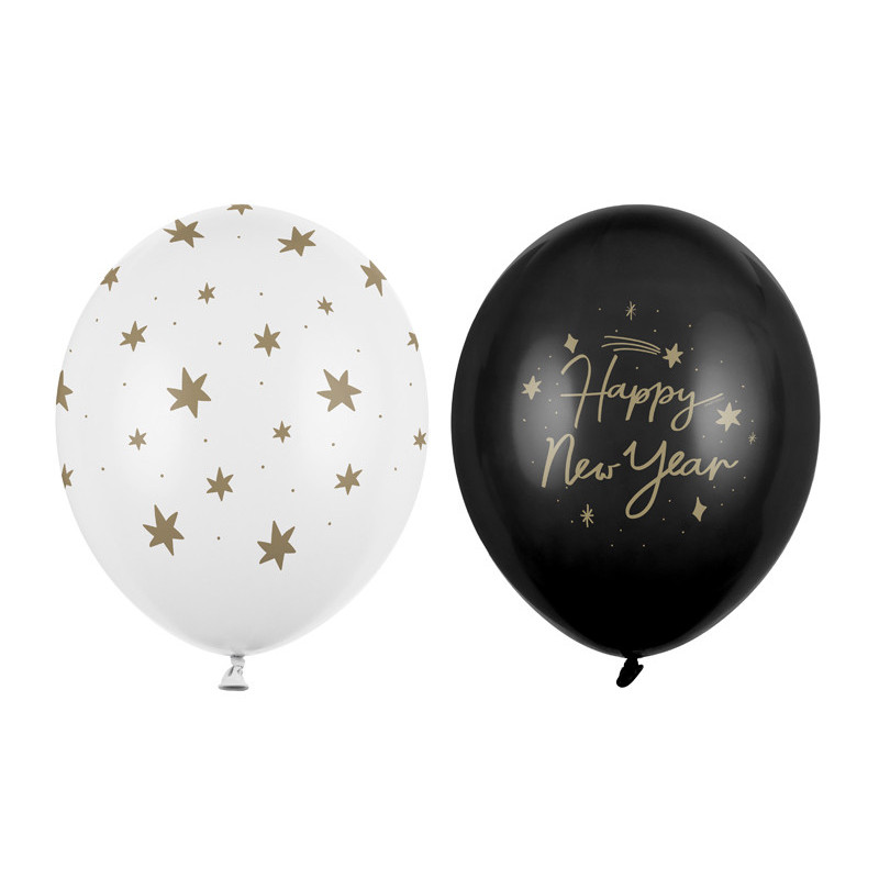 50 stk. Nytårsfest Balloner i Guldtryk Mix, Hvid & Sort, 30 cm