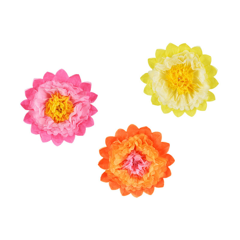 3 stk. Farverige Tissuepaper Blomsterdekorationer, 35 cm