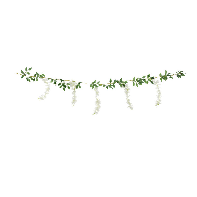 1 stk. Hvid Wisteria Guirlande med Grønne Blade, Længde 1.7m