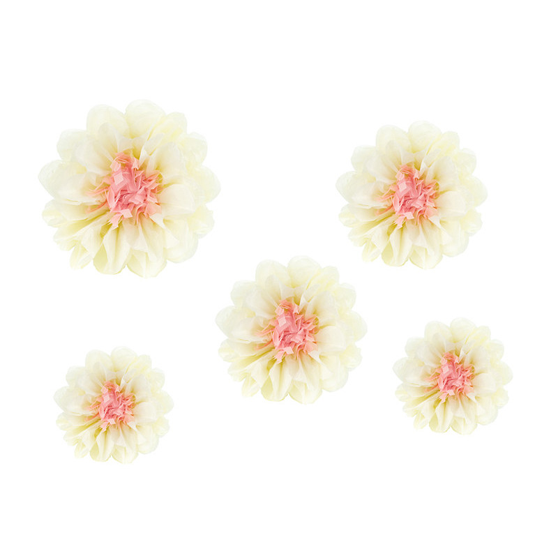 5 stk. Dekorative Blomster i Creme Tissuepapir, 30-20 cm