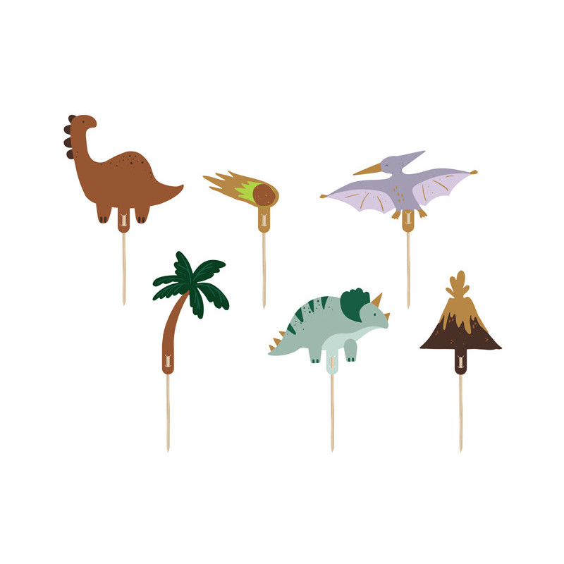 6 stk. Farverige Dinosaur Kagepynt i Varierede Design, 8-12 cm