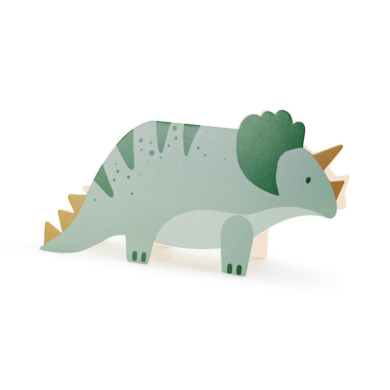 6 stk. Farverige Triceratops Invitationer med Grønne Kuverter