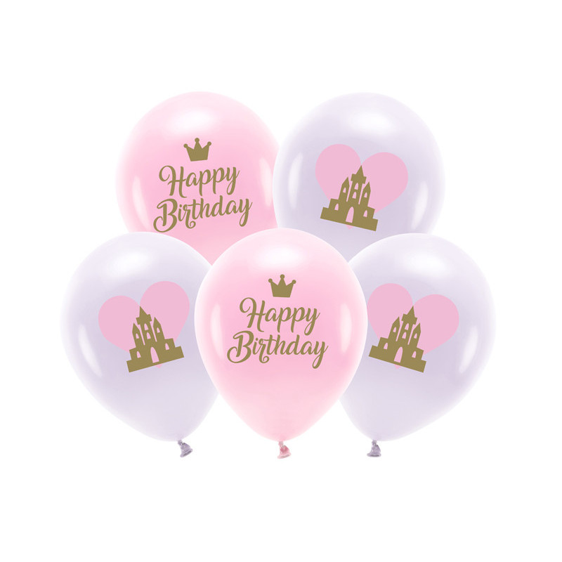 5 stk. Øko-Venlige Pastelfarvede Fødselsdagsballoner, 33 cm, i Lyserød og Lys Lilla Mix