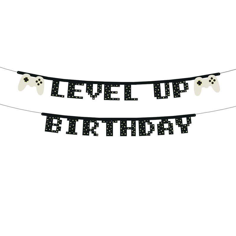 1 stk. Level Up Fødselsdagsbanner i Sort med Farverigt Print, 2.5 meter