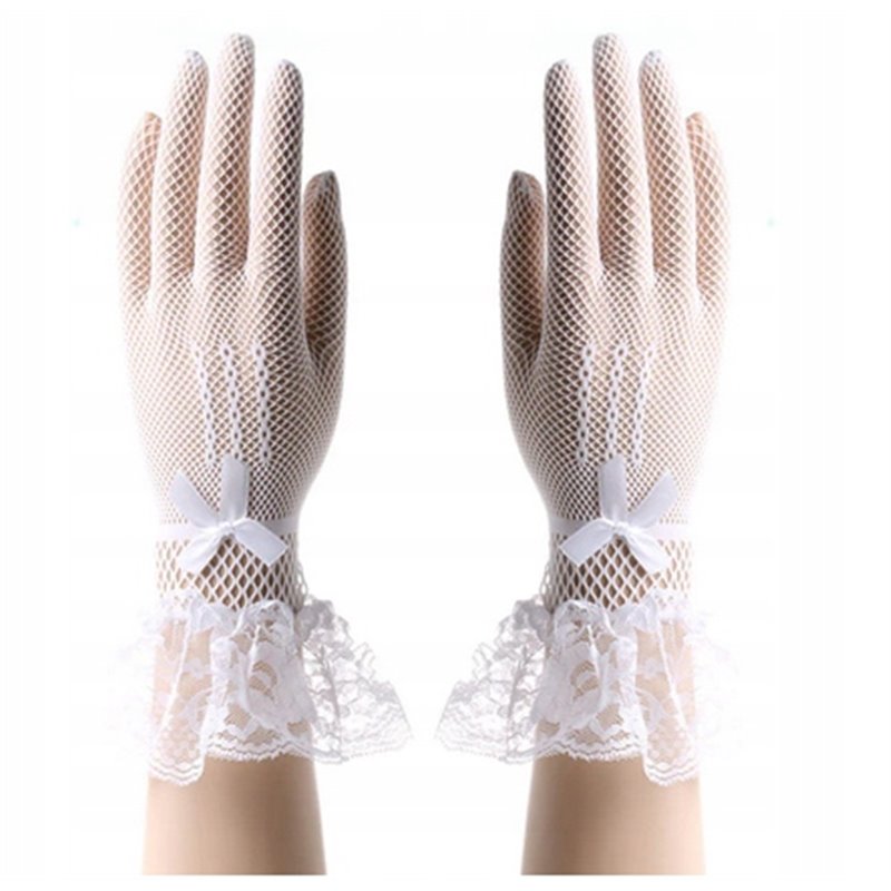 Blomsterblonde bowknot blonder mesh handsker - Hvide 26 cm