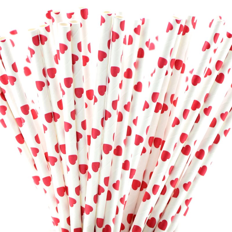 15 stk Papirsugerørmed røde hjerte - hvid
