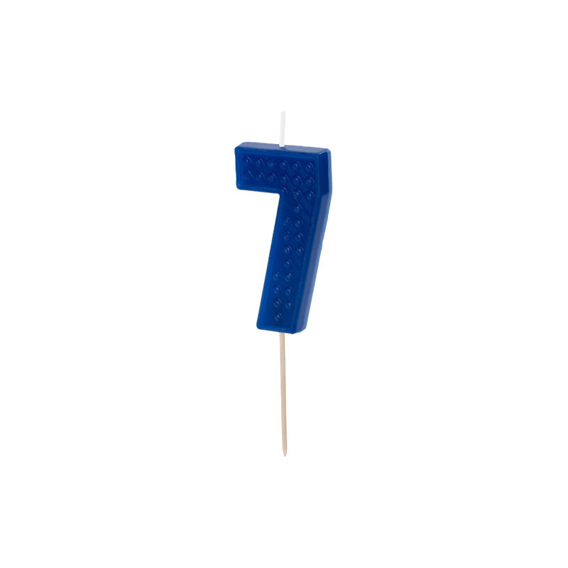 Blå Fødselsdagslys Nummer 7 med Murstensmønster, 6 cm Høj