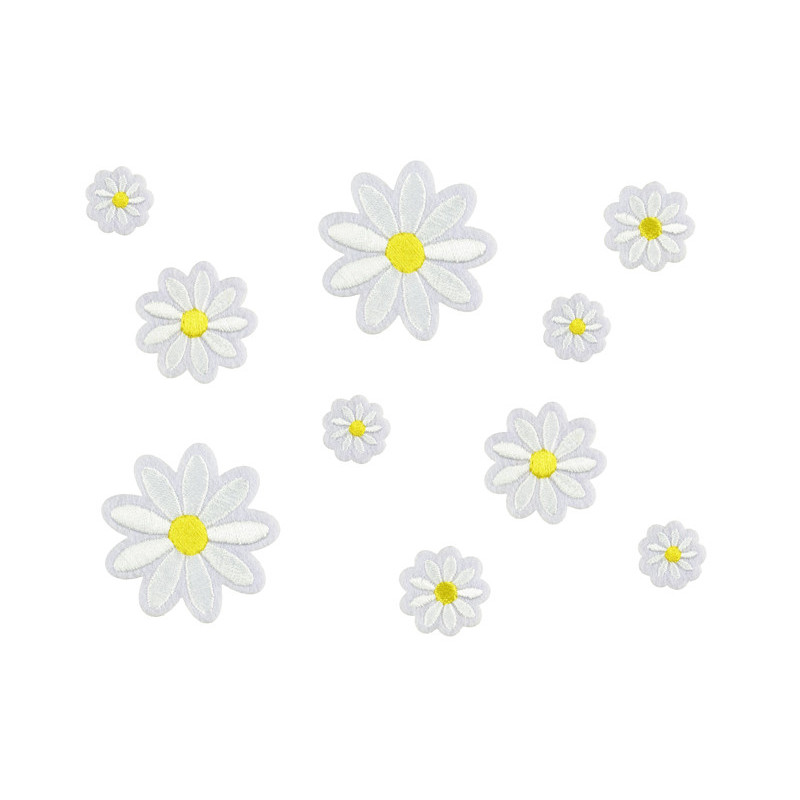 10 stk. Daisy strygemærker i blandede farver og størrelser (2x2-4.5x4.5 cm) 10 stk. Daisy strygemærker i blandede farver og størrelser (2x2-4.5x4.5 cm)