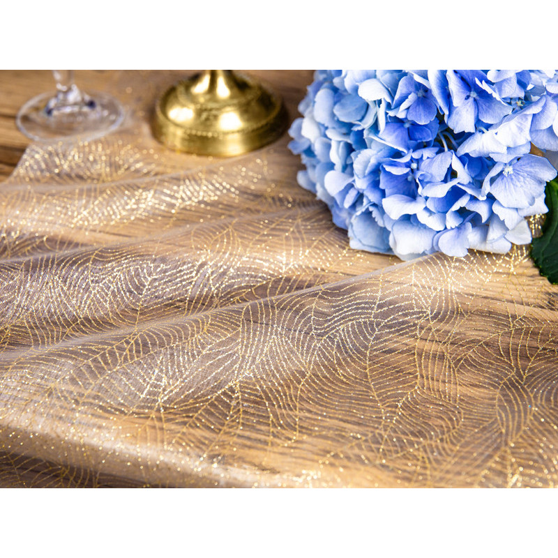1 stk. Hvid organza med guld brokade print, 0.48 x 9m til bryllup og fest