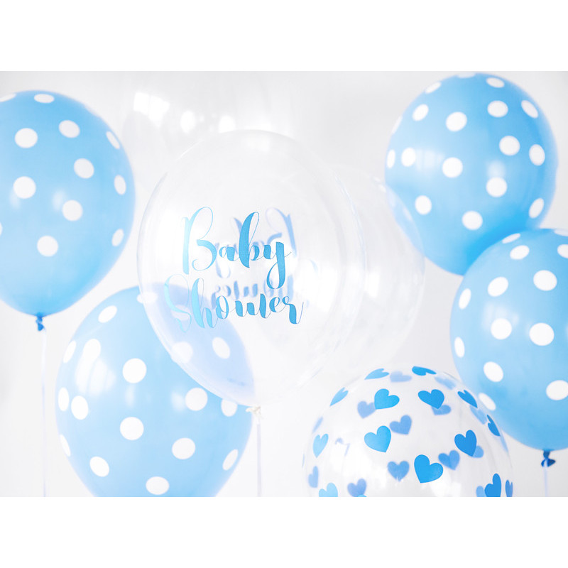 6 stk. Balloner Pastel Babyblå med Hvide Prikker – Robuste 30 cm Perfekt til Babyshower & Fødselsdag (104 tegn)